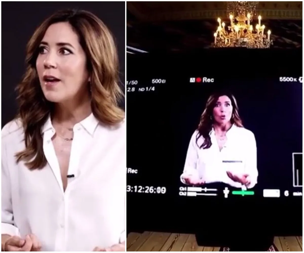 "Princess Mary in a white blouse speaking on camera, with studio lights and video screen in the background."