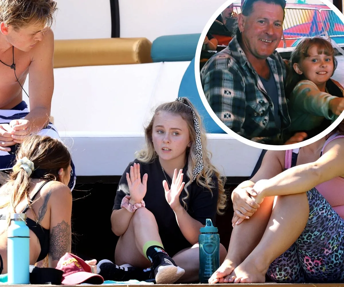 Young woman gesturing while sitting with friends on a boat; inset shows man with a child at a carnival.