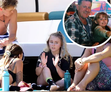 Young woman gesturing while sitting with friends on a boat; inset shows man with a child at a carnival.