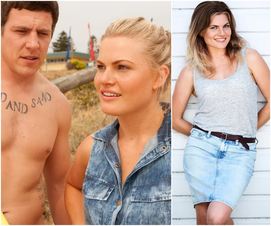 Group photo of two people on the beach with Bonnie Sveen in casual denim attire, smiling against a white backdrop.
