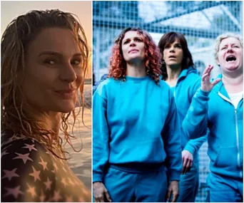 Danielle Cormack smiling in water; three women in blue prison uniforms looking emotional in "Wentworth" scene.