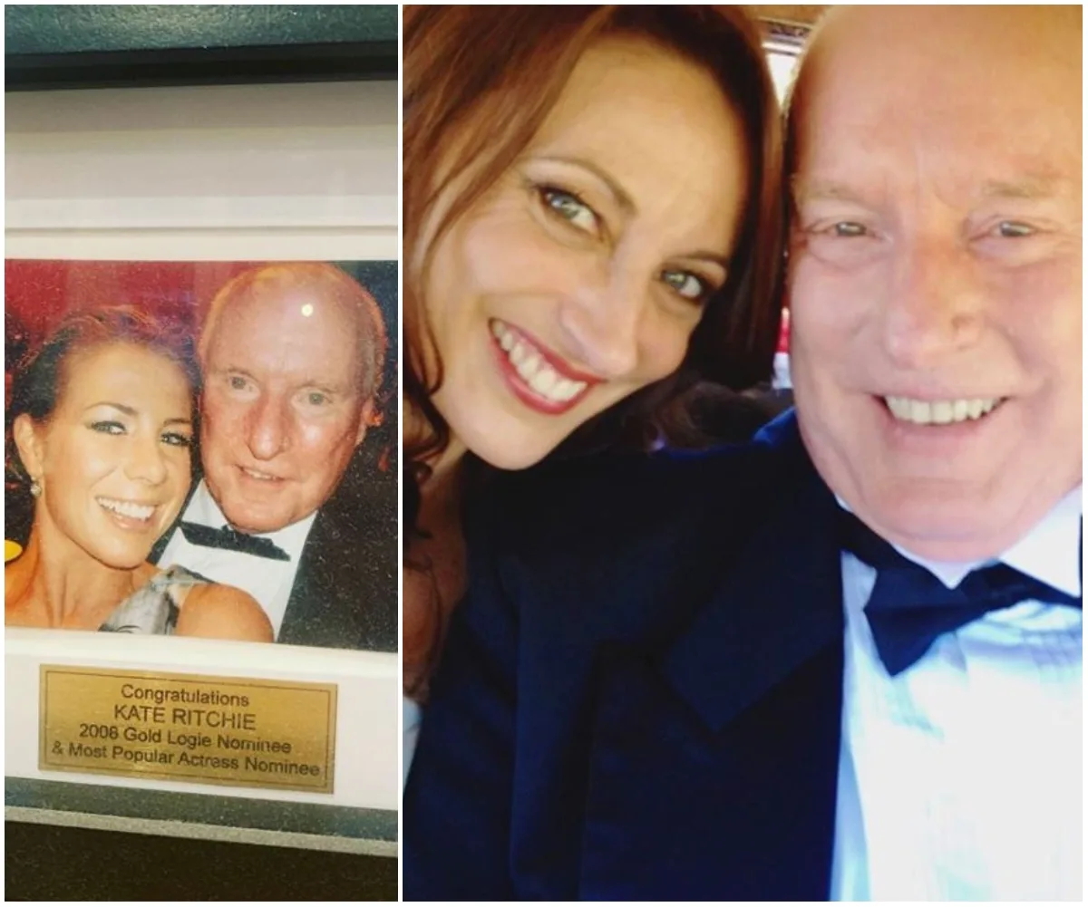 A framed photo congratulating Kate Ritchie, next to a selfie of a woman and an older man smiling at the camera.