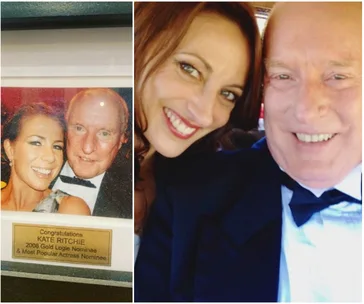 A framed photo congratulating Kate Ritchie, next to a selfie of a woman and an older man smiling at the camera.
