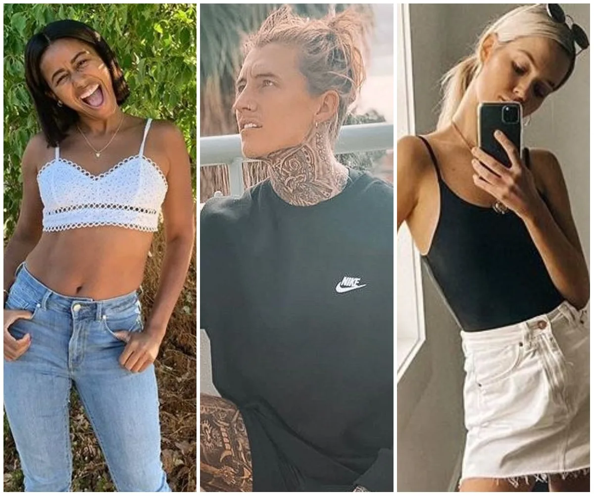 Three people posing: woman smiling in a crochet top, person with tattoos looking sideways, woman taking a selfie in black top.