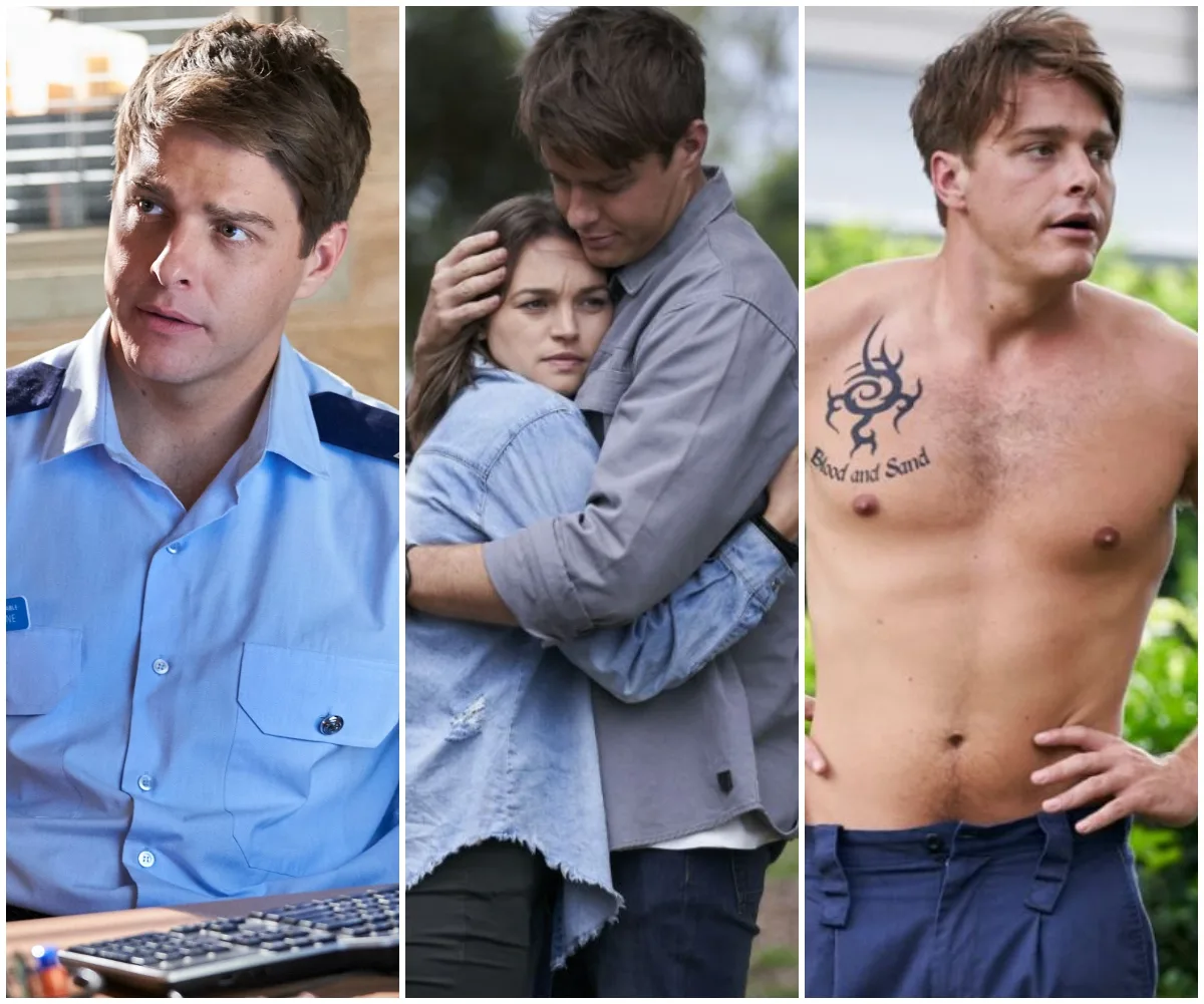 Three scenes of a male character from Home and Away as police officer, embracing, and shirtless with tattoo.