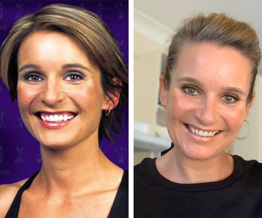 Two images of the same woman side by side, one young with short hair, the other recent with hair tied back, both smiling.