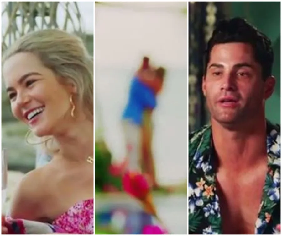 A woman smiling, a blurred couple embracing, and a man in a floral shirt from "Bachelor in Paradise."
