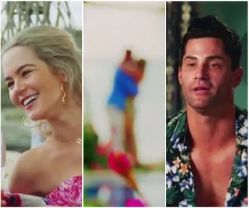 A woman smiling, a blurred couple embracing, and a man in a floral shirt from "Bachelor in Paradise."