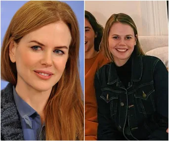 Nicole Kidman and another woman smiling in a side-by-side photo.