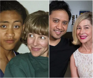 Two side-by-side photos of a younger and older couple, smiling at the camera.