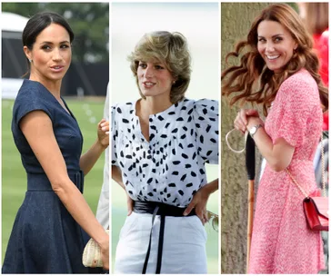 Three women in stylish dresses, each at a different outdoors event, smiling or posing gracefully.