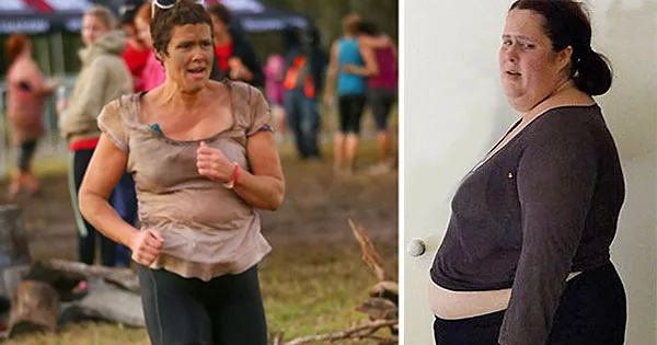 "Before and after photos of a woman's weight loss journey; on the left, she's running outdoors, on the right, posing indoors."