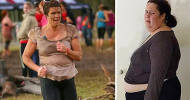 "Before and after photos of a woman's weight loss journey; on the left, she's running outdoors, on the right, posing indoors."