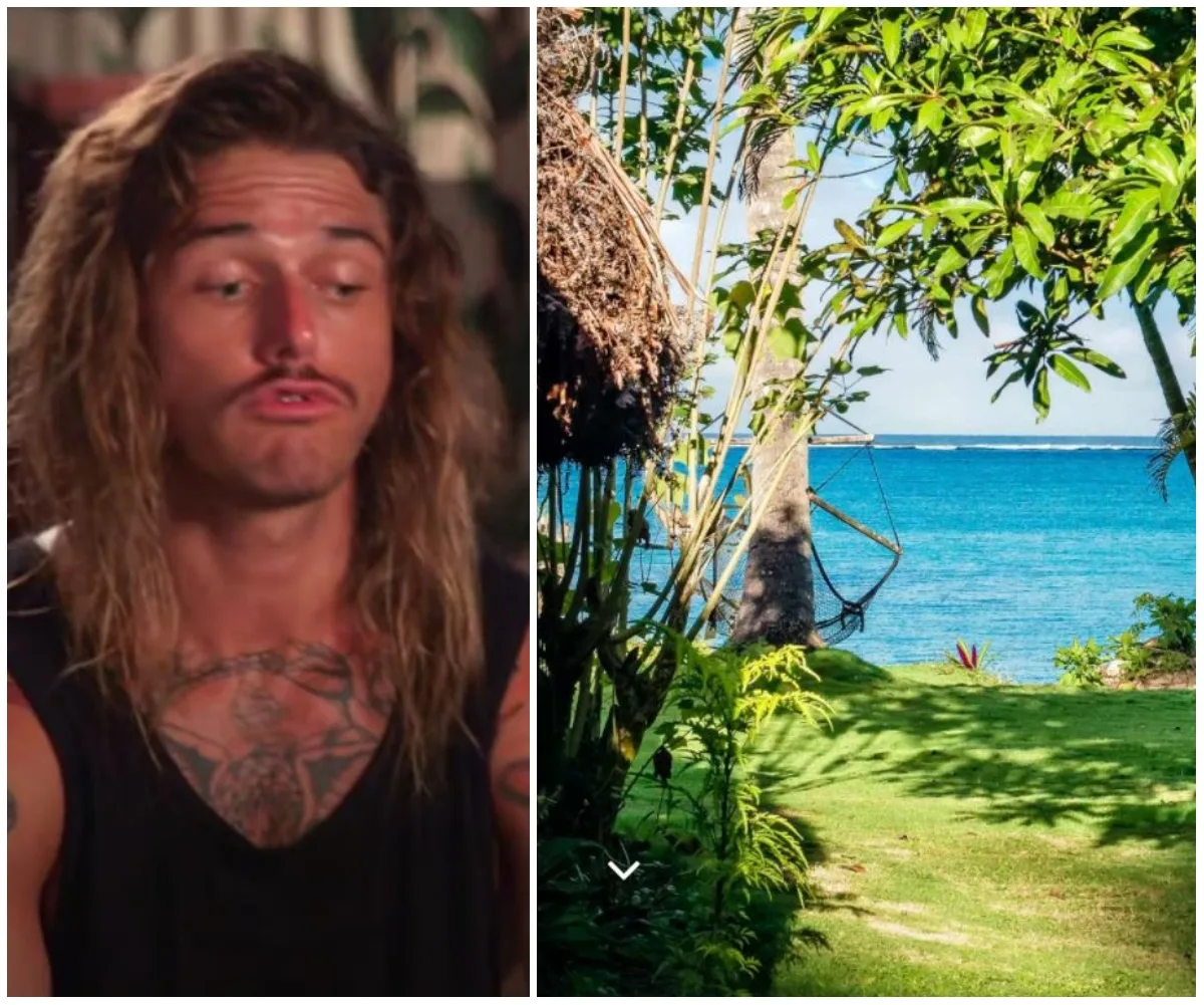 Man with long hair and tattoos, alongside a tropical beach setting with green foliage and ocean view.