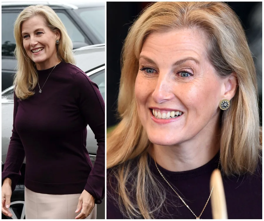A woman with blonde hair and a purple top smiling warmly in two different poses.