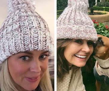 Two women in knit beanies. One woman smiling with a dog. Beanies support brain cancer awareness.