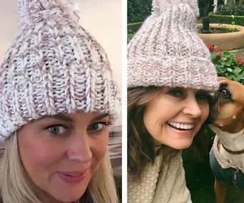 Two women in knit beanies. One woman smiling with a dog. Beanies support brain cancer awareness.