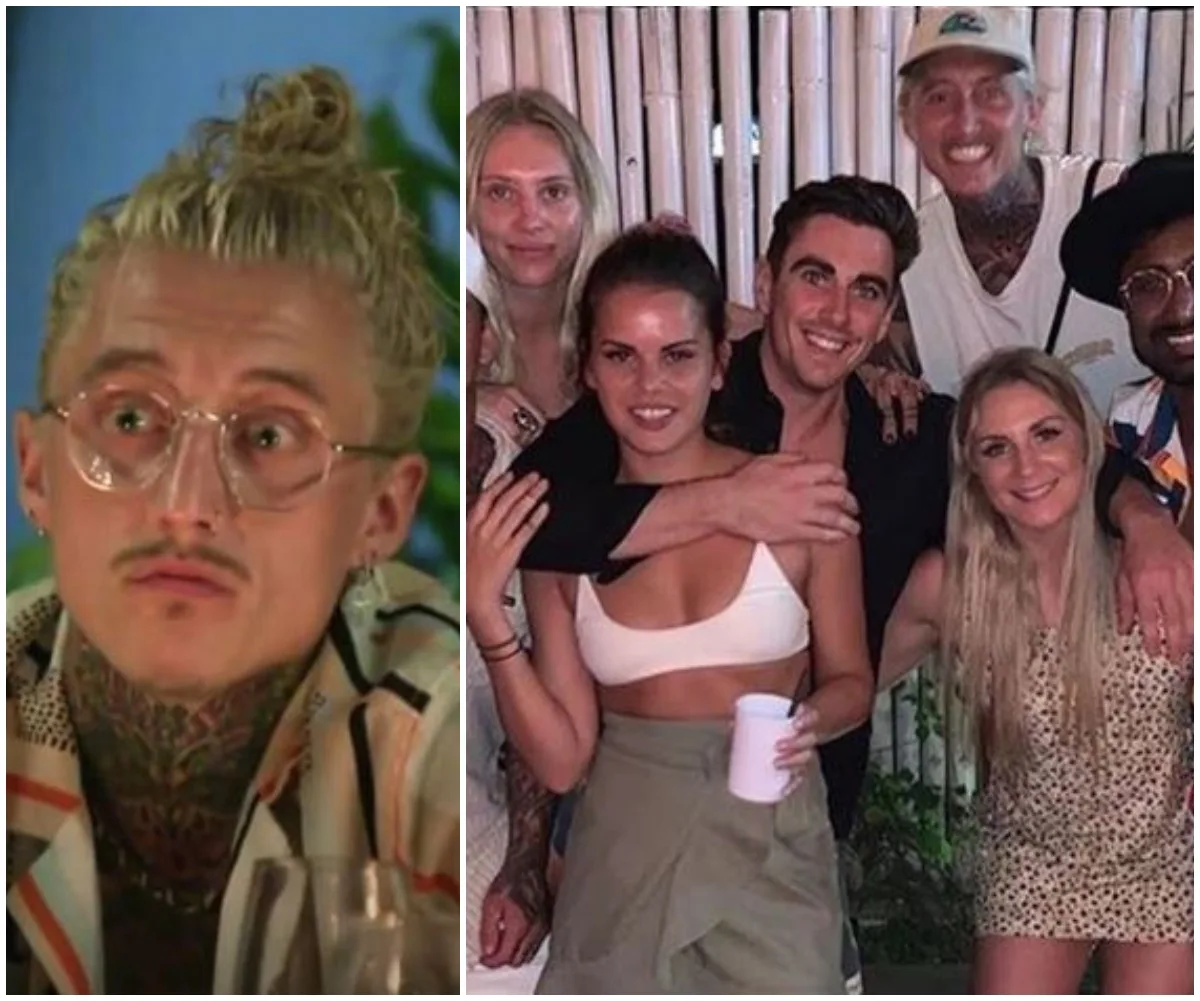 Left: Individual with glasses and tattoos. Right: Group of six smiling, hugging people, one holding a cup.