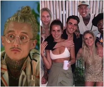 Left: Individual with glasses and tattoos. Right: Group of six smiling, hugging people, one holding a cup.