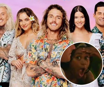 "Group of 'Bachelor in Paradise' contestants posing, inset shows surprised expression of one contestant."