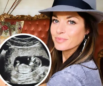 A woman in a hat smiles, inset shows an ultrasound image.