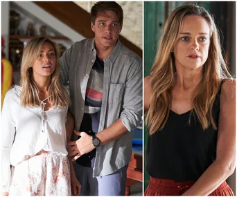 A scene from "Home and Away" featuring Jasmine, Tori, and Grace looking concerned indoors.