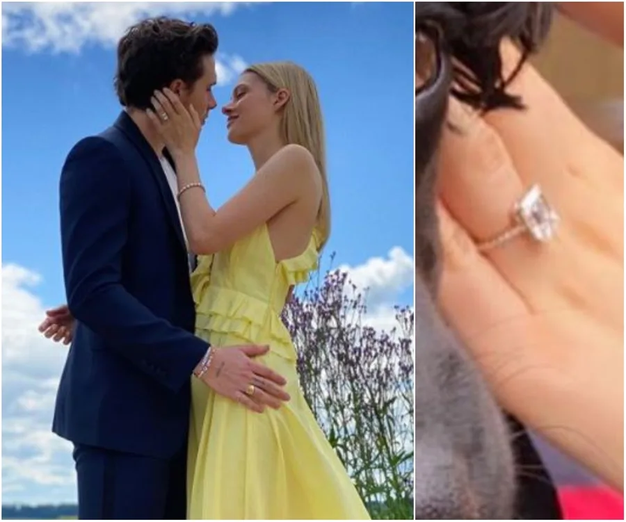 Couple embracing outdoors; woman in yellow dress shows a close-up of her engagement ring.
