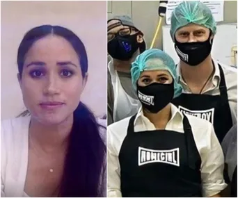 "Two-part image: woman in white top and people in masks and aprons with hairnets in a kitchen setting."