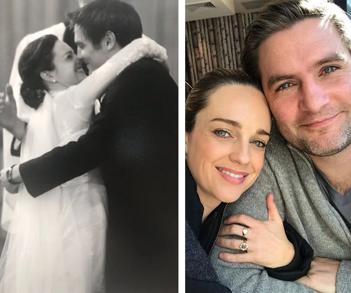 Couple in a wedding embrace and a selfie together, both smiling warmly.