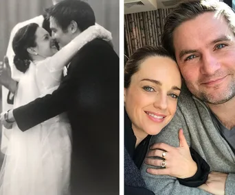 Couple in a wedding embrace and a selfie together, both smiling warmly.