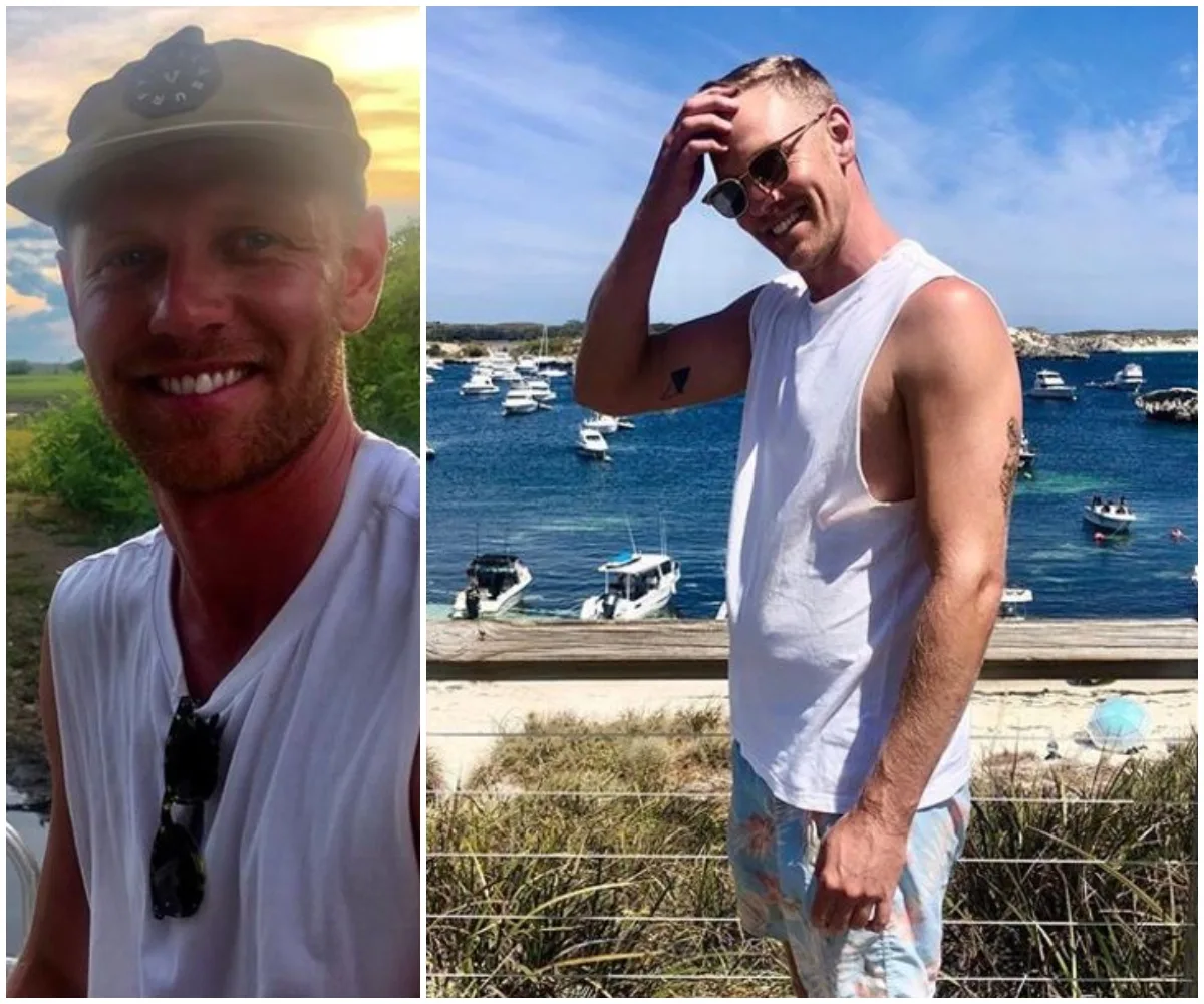 Man in casual attire outdoors, smiling on the left; standing by the ocean on the right.