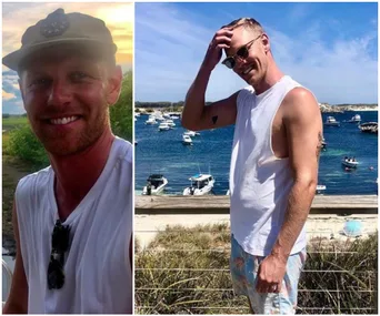 Man in casual attire outdoors, smiling on the left; standing by the ocean on the right.