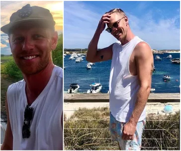 Man in casual attire outdoors, smiling on the left; standing by the ocean on the right.