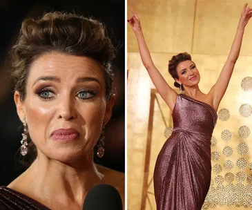 Woman in glamorous outfit posing at event; close-up and full-body shots with arms raised.