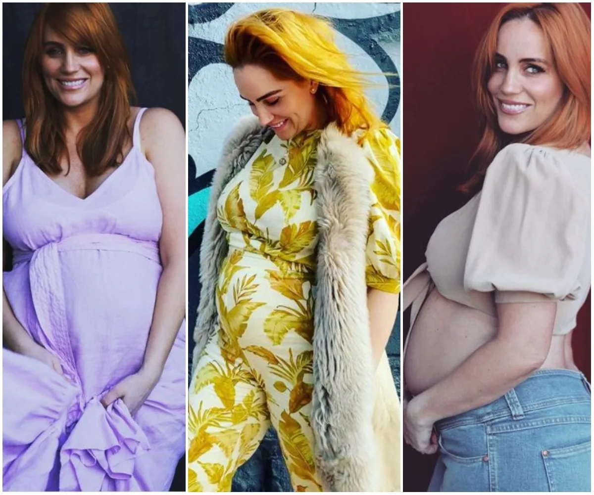 Pregnant woman in three outfits: lilac dress, yellow leafy jumpsuit, and cream top with jeans, showing her baby bump.
