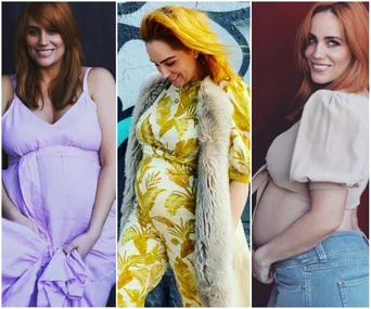 Pregnant woman in three outfits: lilac dress, yellow leafy jumpsuit, and cream top with jeans, showing her baby bump.