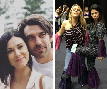 "Two-part image: left shows a smiling couple close-up; right features two women in fun costumes with raised arms."