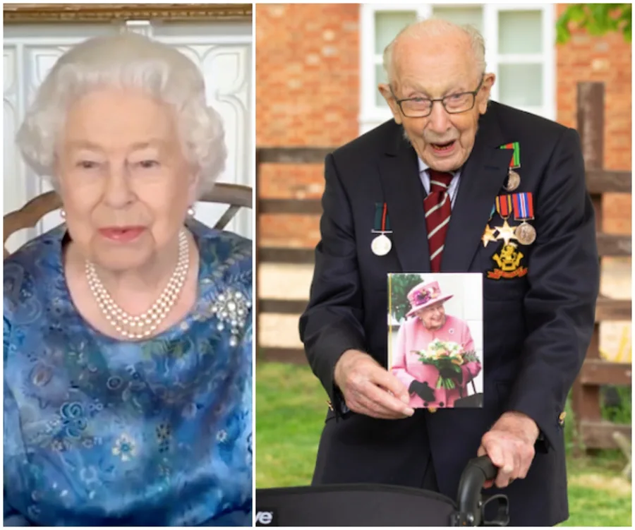 A woman in blue and pearls; an elderly man holding a photograph of a woman in pink, adorned with medals.