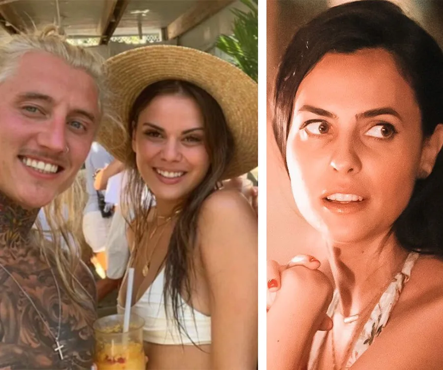 Two side-by-side photos: a smiling couple at a resort; a woman looking sideways in a styled pose.