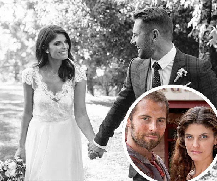 A black-and-white photo of a smiling couple in wedding attire holding hands, with a colored inset portrait of the same couple.