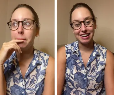 Two images of a woman with glasses: one thoughtful, one smiling, wearing a floral blouse, against a beige background.