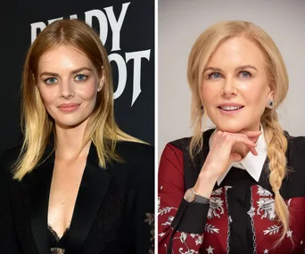 Samara Weaving and another woman side by side; Weaving in black outfit, other woman with blonde hair braided, wearing red and black.