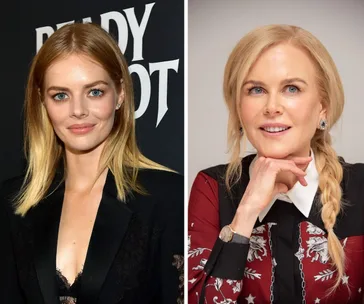 Samara Weaving and another woman side by side; Weaving in black outfit, other woman with blonde hair braided, wearing red and black.