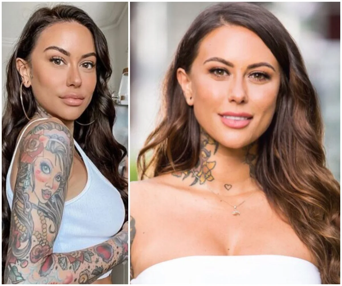 Woman with long hair, wearing a white top, showing tattoos on arm and neck, smiling in split image.