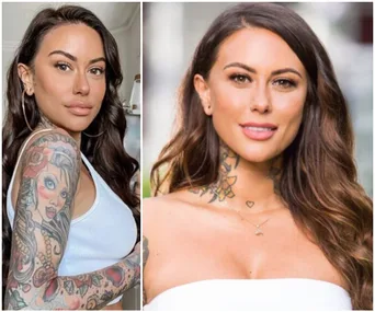 Woman with long hair, wearing a white top, showing tattoos on arm and neck, smiling in split image.