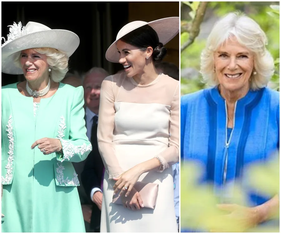 Two women in elegant outfits at an event; another woman in a blue top smiling in a garden setting.