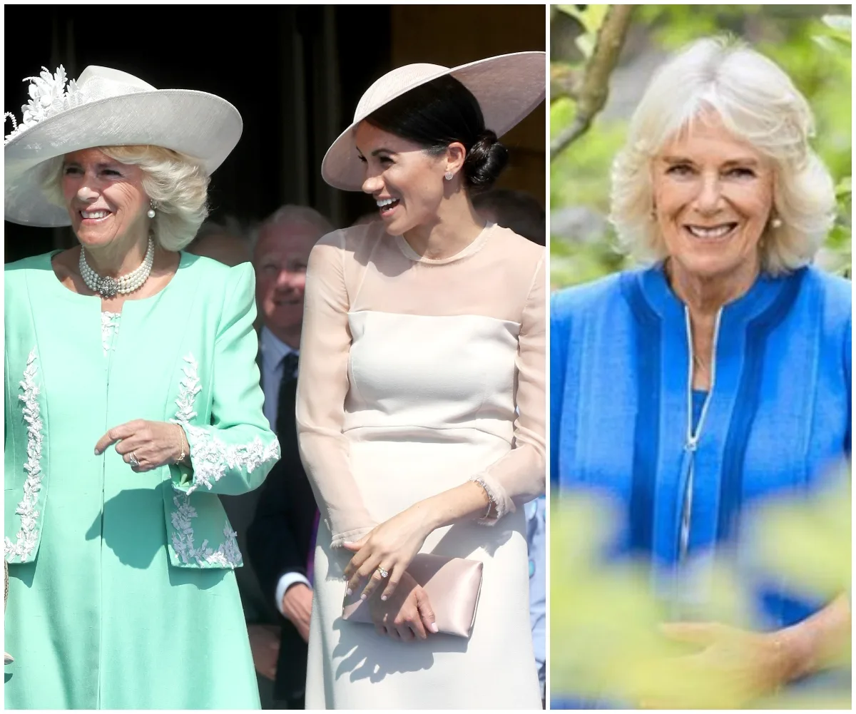 Two women in elegant outfits at an event; another woman in a blue top smiling in a garden setting.