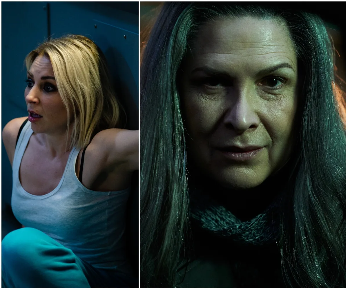Two women from "Wentworth" in intense scenes; one sitting tensely, the other with a determined expression.