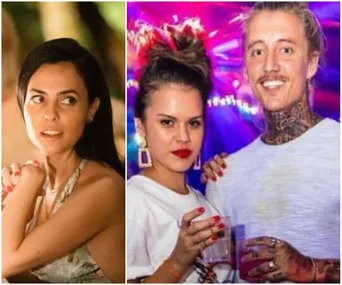 Two-image collage: Left shows a woman in a floral top looking to the side; right shows a woman and tattooed man at a party.