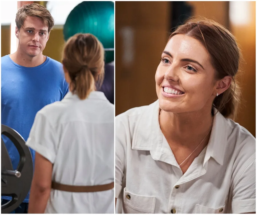 Two scenes from "Home and Away": left shows two characters talking, right shows a woman smiling brightly.